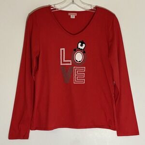 Be Yourself Top Womens Medium Red Love Penguin Graphic Long Sleeve Valentines M
